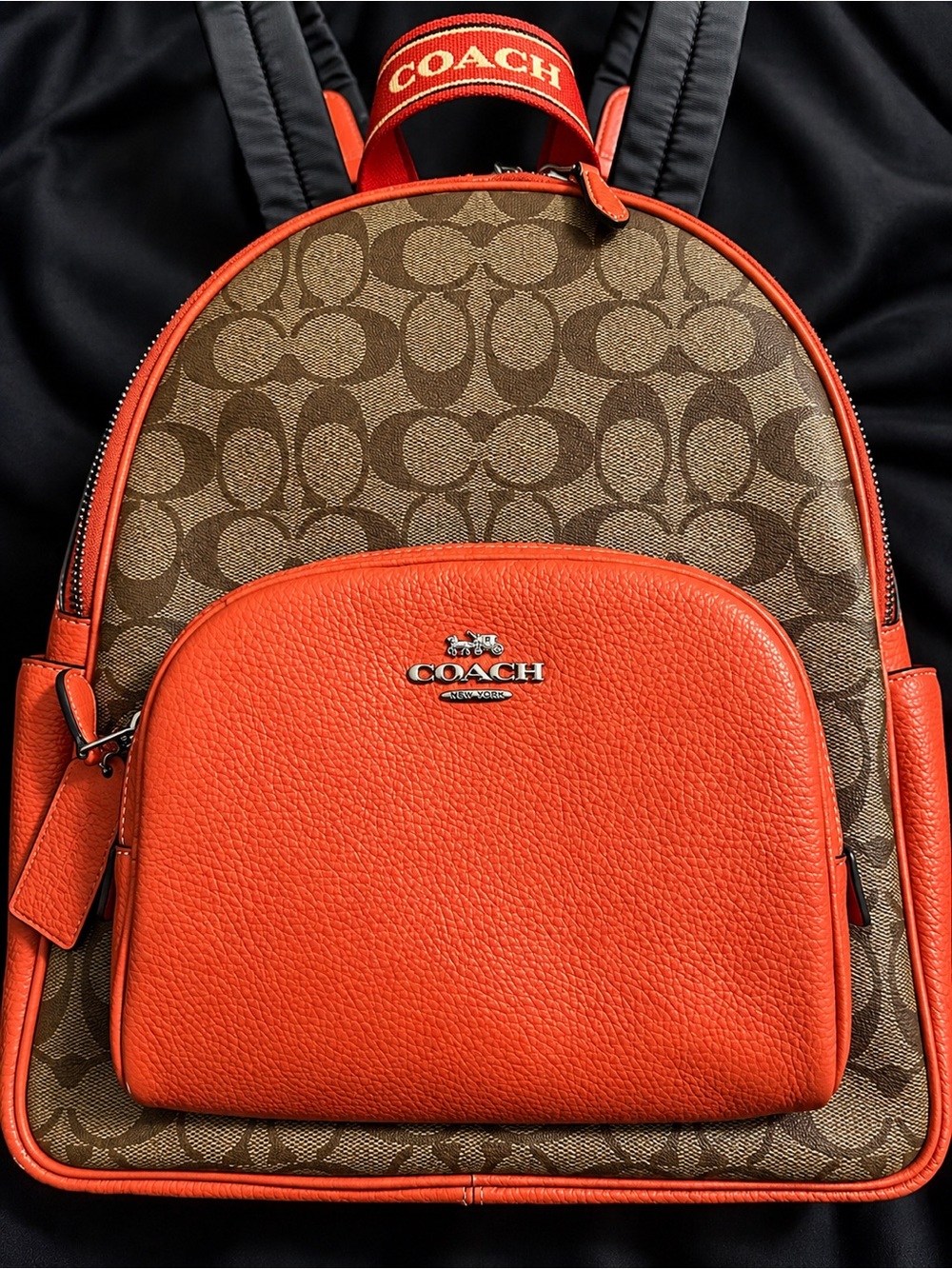 COACH Signature Canvas and Orange Leather Backpack